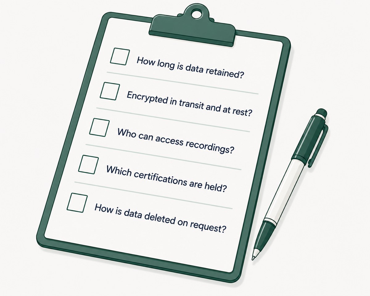 A clipboard of five unticked questions covering data retention, encryption, who can access recordings, certifications held, and deletion on request