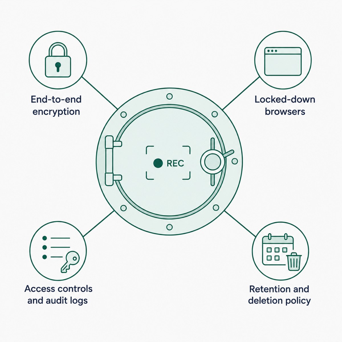 A vault door with four spokes to end-to-end encryption, locked-down browsers, access controls and audit logs, and a retention and deletion policy