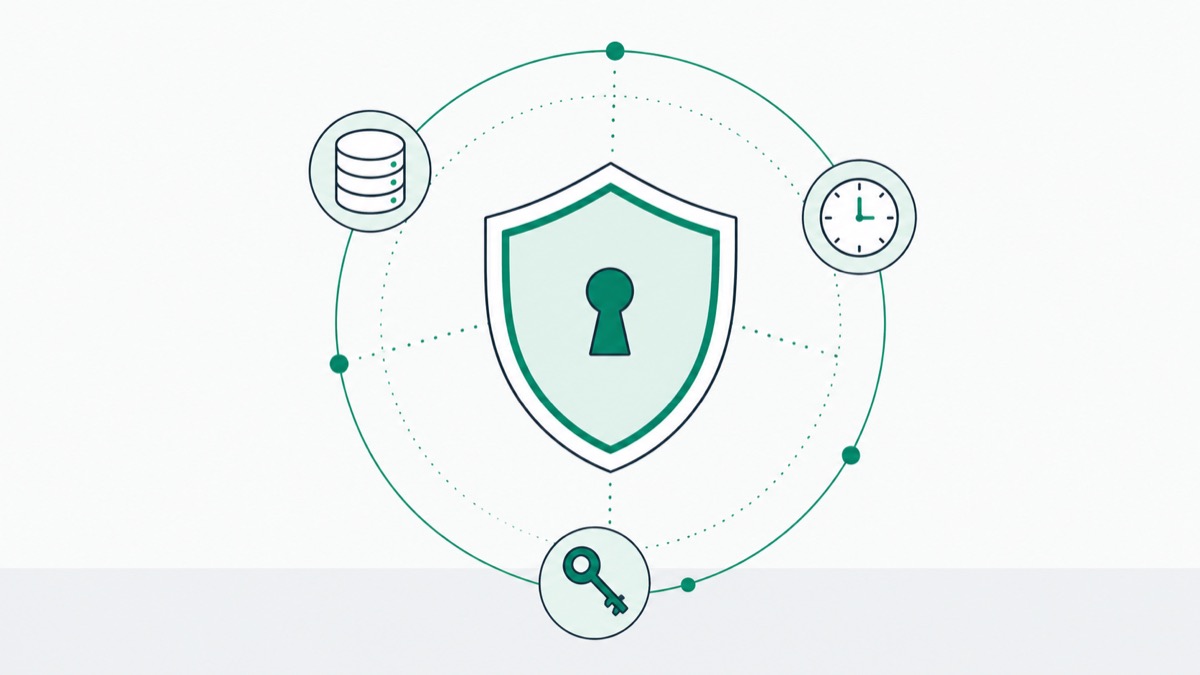 Illustration of a shield with a keyhole orbited by a database, a clock and a key