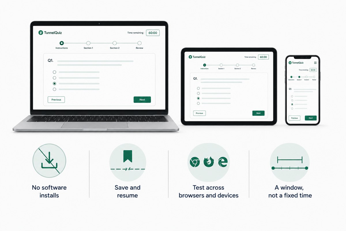 A laptop, tablet and phone showing the same test, with four notes: no software installs, save and resume, test across browsers and devices, and a window rather than a fixed time
