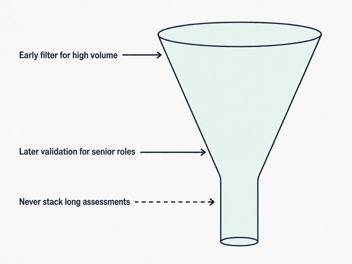 A funnel with three entry points: an early filter for high volume, later validation for senior roles, and a struck-through arrow warning against stacking long assessments