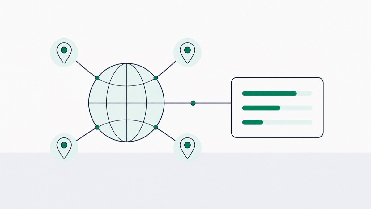 Illustration of location pins around a globe feeding into a single results panel