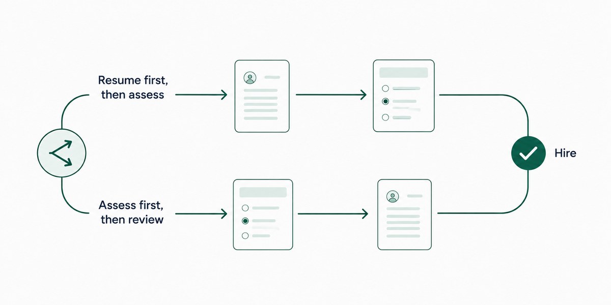 Two parallel paths, resume first then assess and assess first then review, both arriving at the same hire