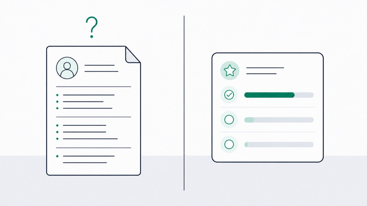 Illustration comparing a CV with a question mark against a scored assessment card