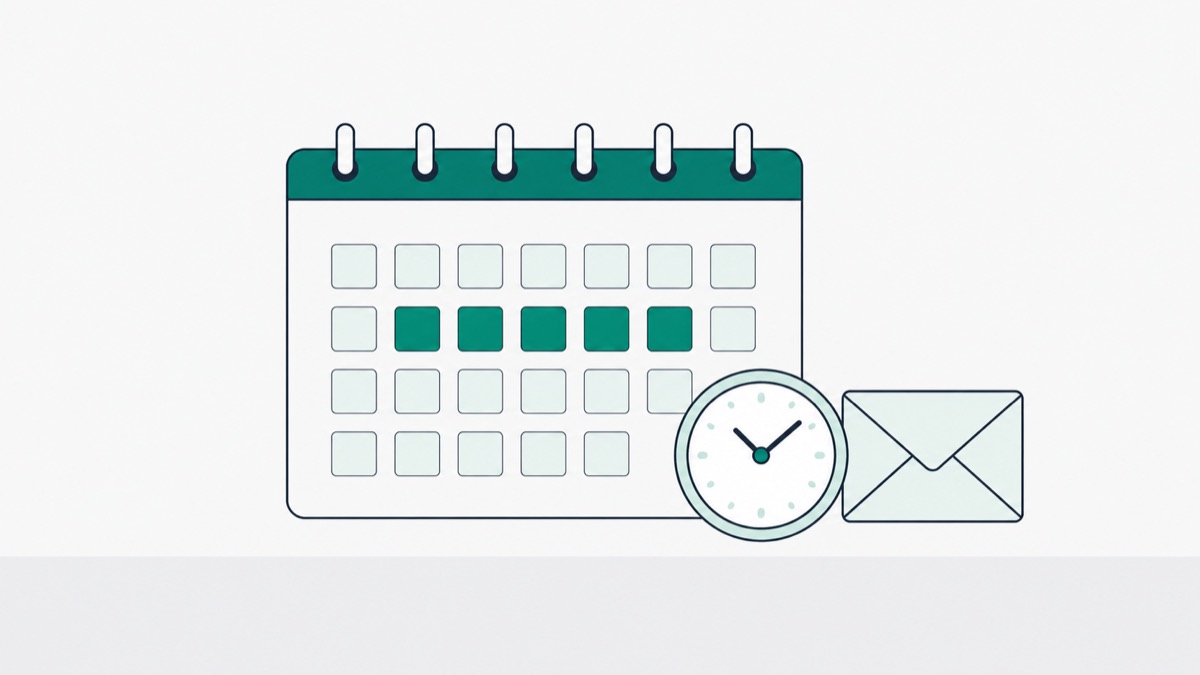 Illustration of a calendar with a testing window highlighted, beside a clock and an envelope