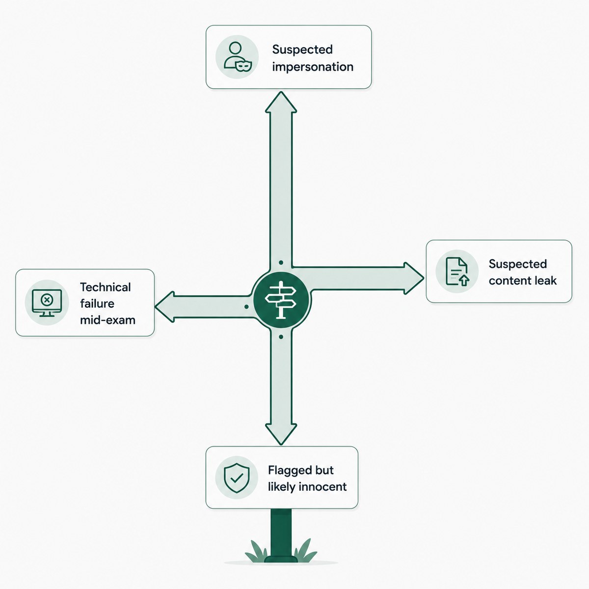 A four-way junction pointing to suspected impersonation, suspected content leak, technical failure mid-exam, and a flagged but likely innocent incident