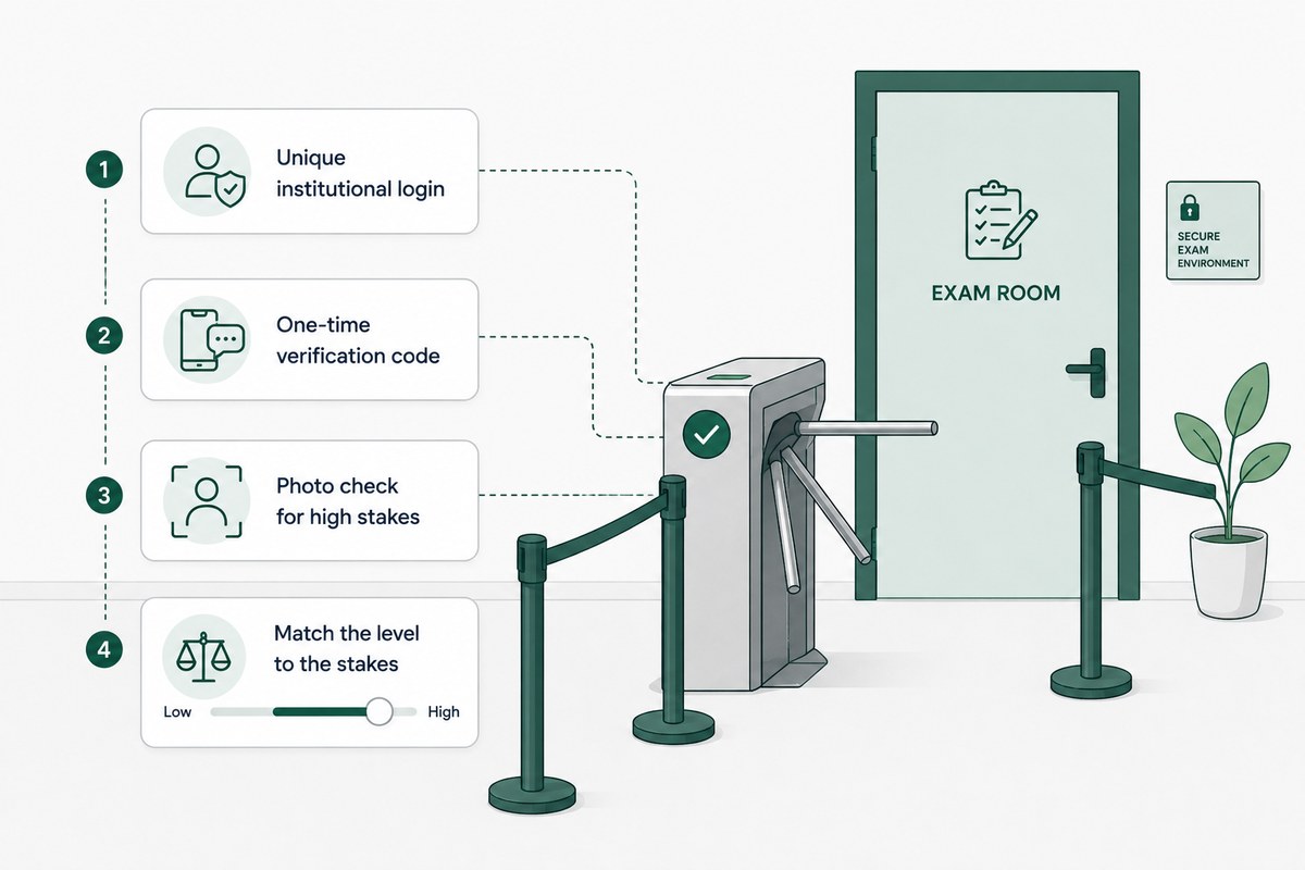 Four checks queueing at a gate before an exam room: unique institutional login, one-time verification code, photo check for high stakes, and matching the level to the stakes