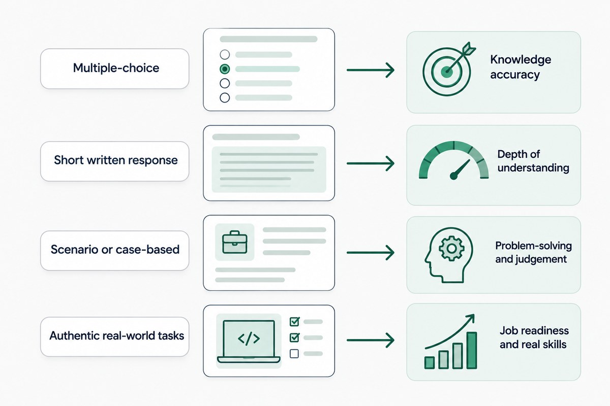Four pairs matching a question type to what it measures: multiple-choice to knowledge accuracy, short written response to depth of understanding, scenario or case-based to problem solving and judgement, and authentic real-world tasks to job readiness