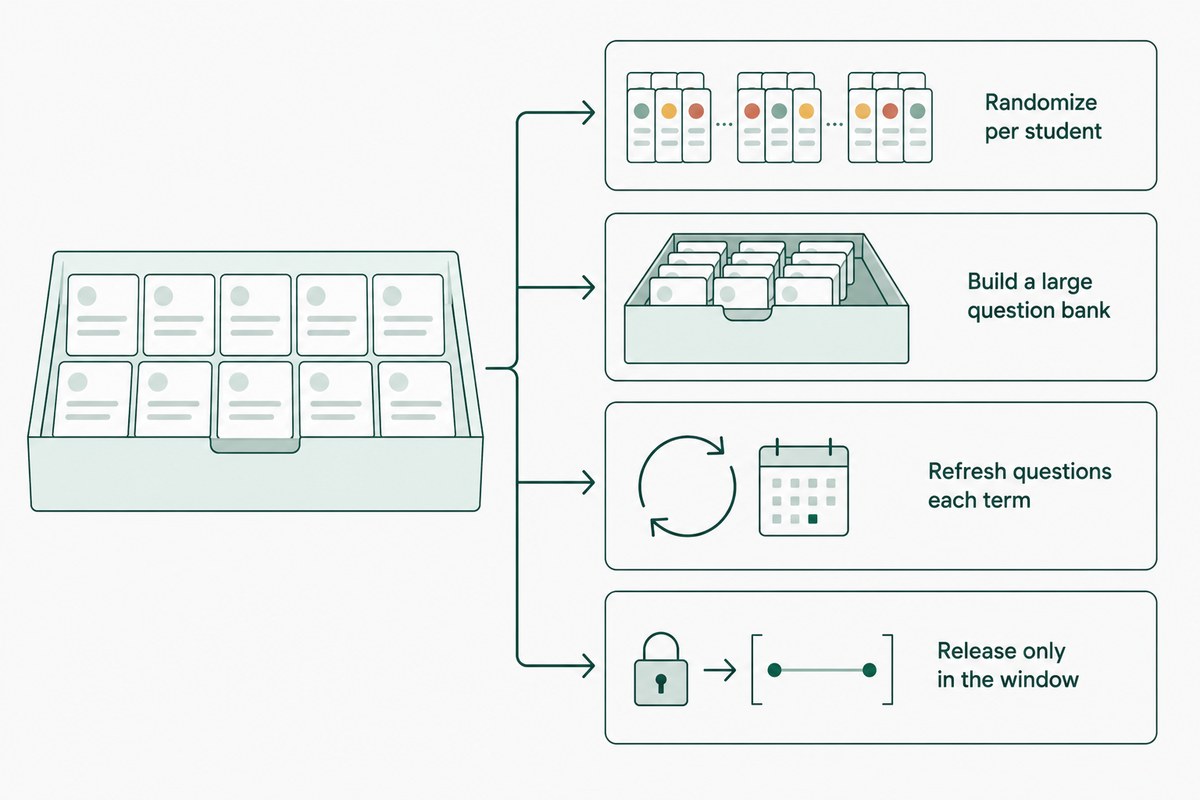 A question bank feeding four protections: randomize per student, build a large question bank, refresh questions each term, and release content only within the assessment window