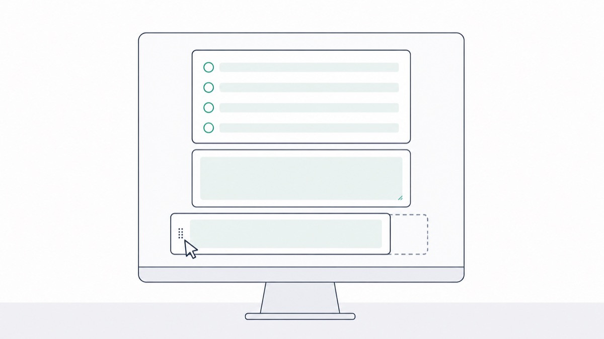 Illustration of an exam being assembled on screen, with question cards being dragged into place