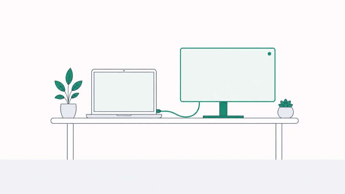 Illustration of a desk with a laptop connected to a second external monitor, the cable highlighted
