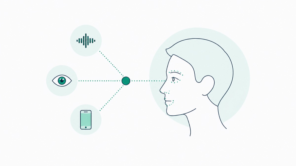 Illustration of face tracking with audio, eye movement and phone detection signals feeding into one node