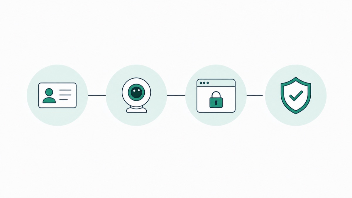 Illustration of the four proctoring stages: identity card, webcam, locked browser and a verification shield