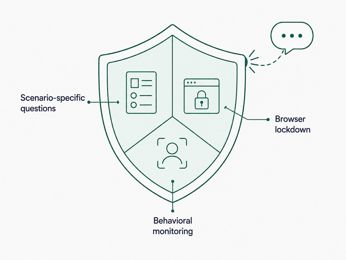 A shield divided into three segments labelled scenario-specific questions, browser lockdown and behavioral monitoring, stopping an incoming chat bubble
