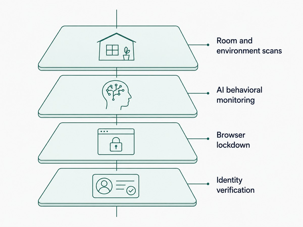 Four stacked glass panels, from the bottom identity verification, browser lockdown, AI behavioral monitoring and room and environment scans