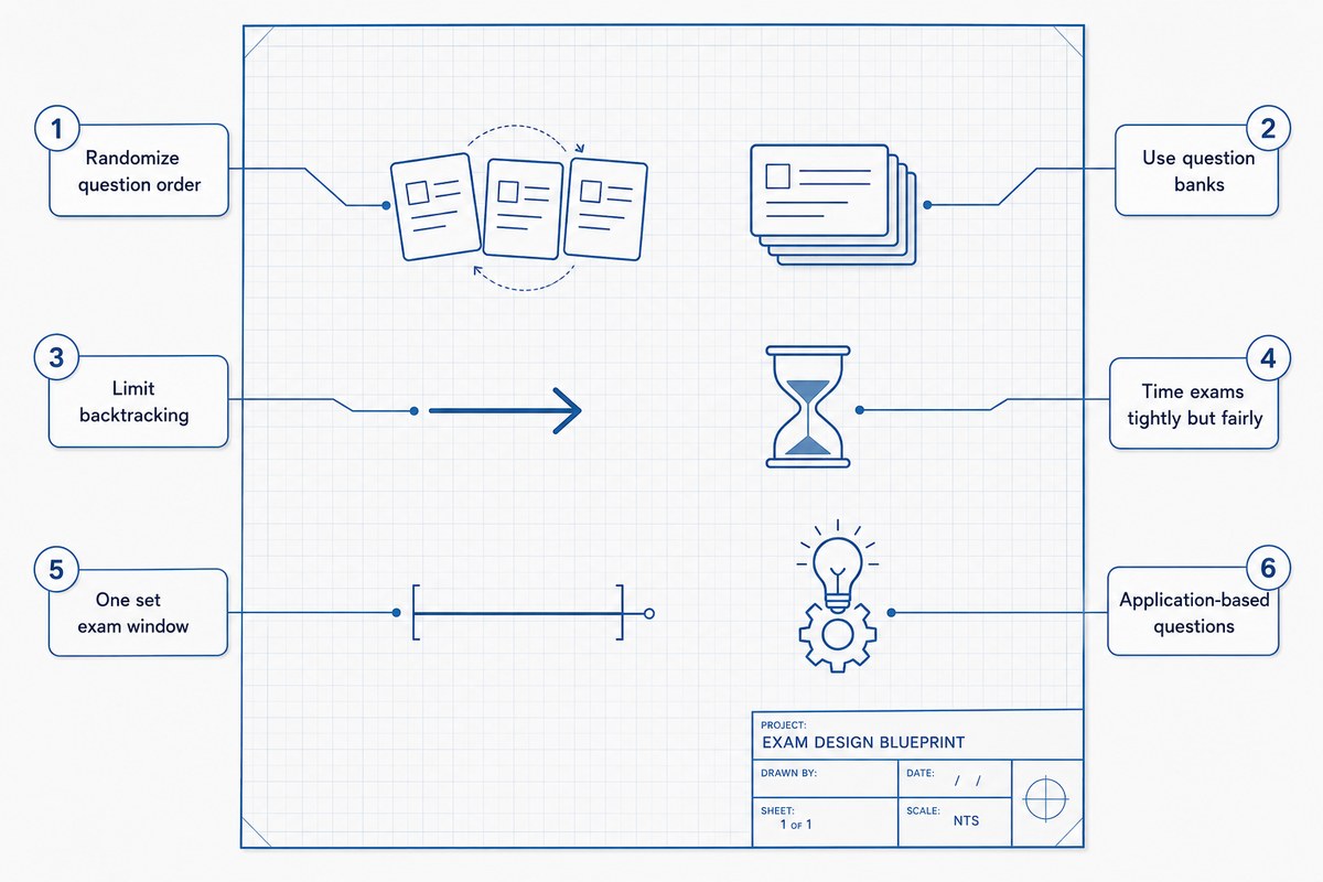 A blueprint sheet with six numbered callouts: randomize question order, use question banks, limit backtracking, time exams fairly, one set exam window, and application-based questions