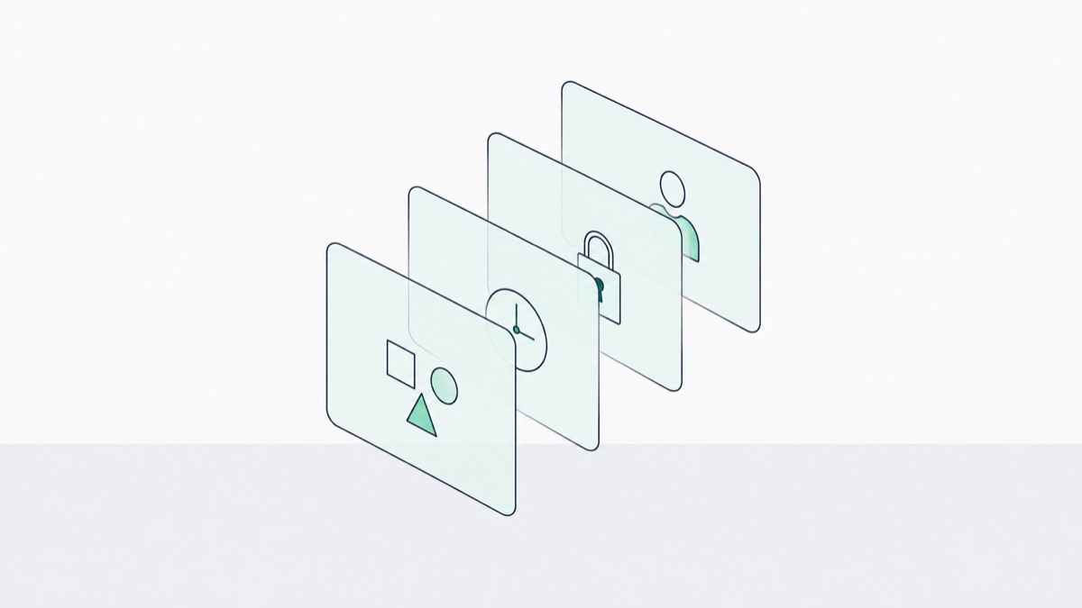 Illustration of layered translucent panels each holding a security icon, representing defence in depth