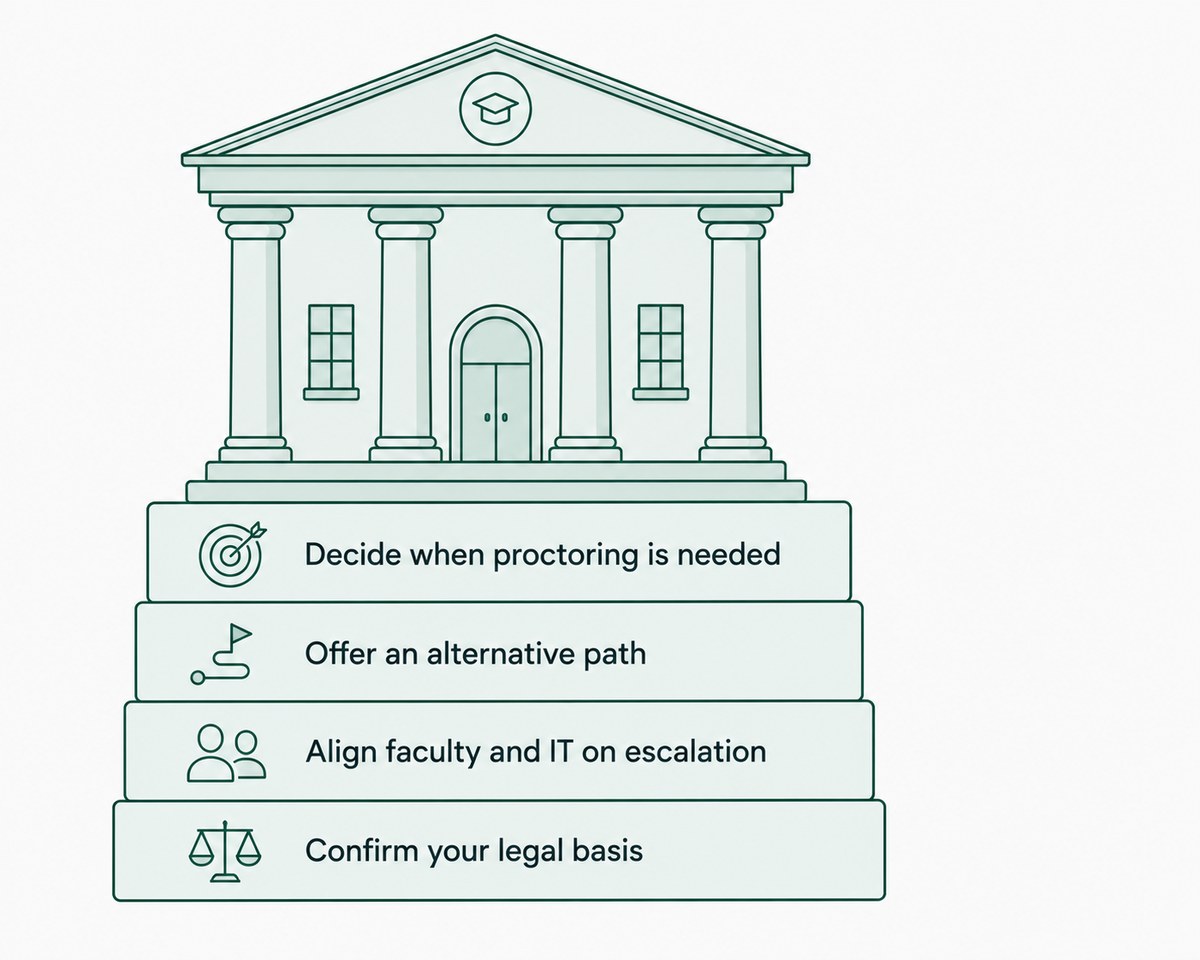 A columned building resting on four foundation blocks: decide when proctoring is needed, offer an alternative path, align faculty and IT on escalation, and confirm your legal basis