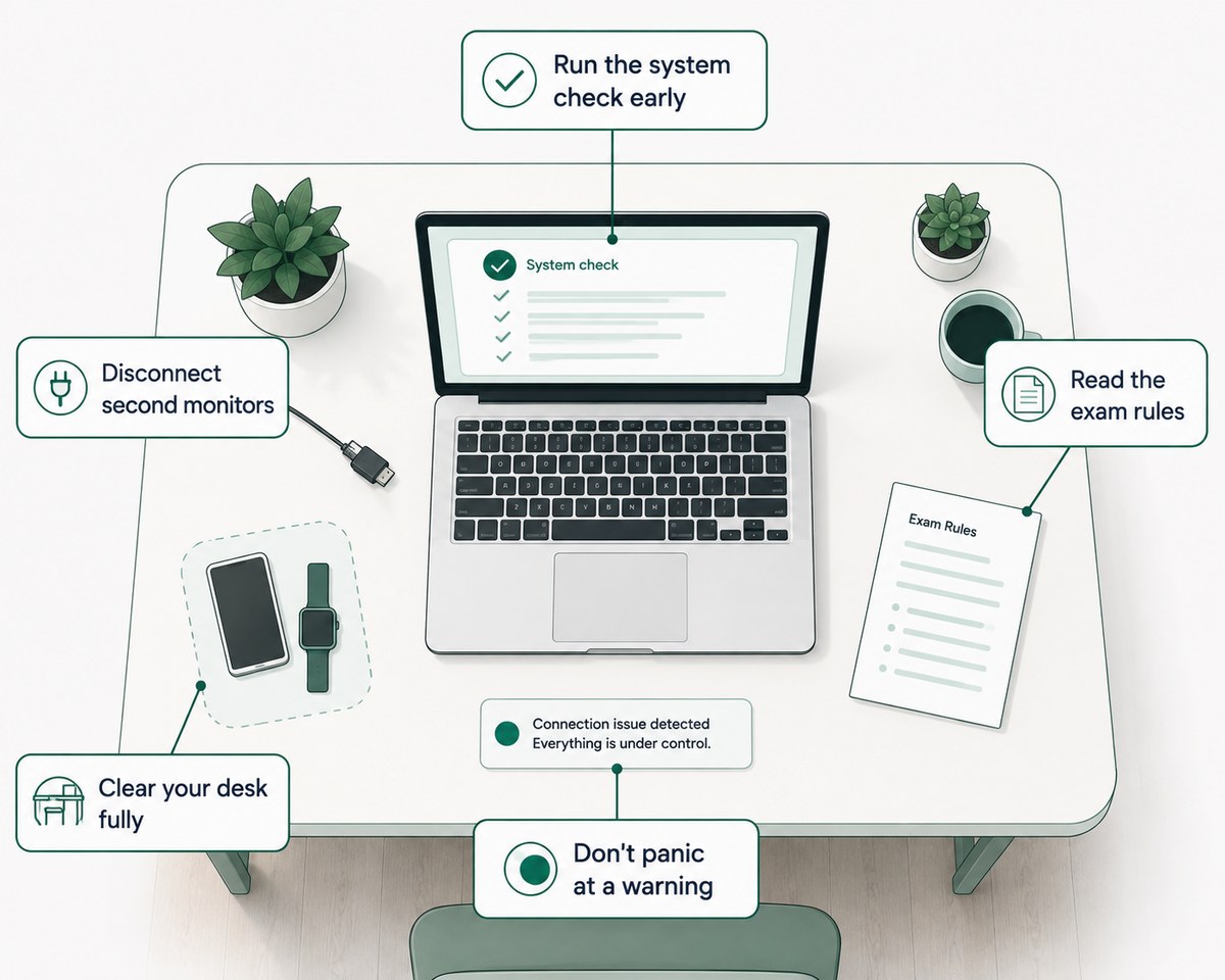 A desk from above with five callouts: run the system check early, disconnect second monitors, clear your desk fully, read the exam rules, and don't panic at a warning