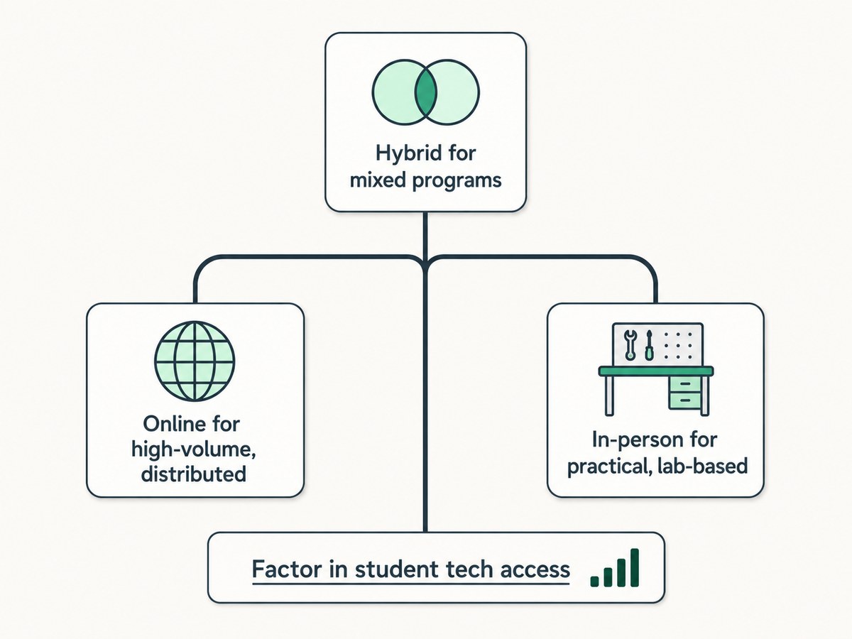 A decision tree branching to online for high-volume distributed exams, in-person for practical lab-based exams and hybrid for mixed programmes, with a note to factor in student tech access