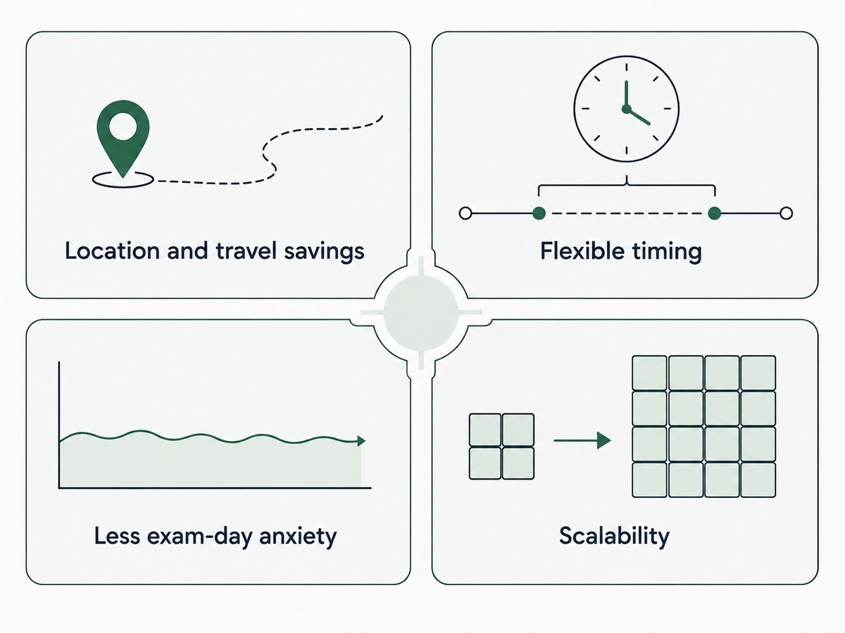 Four panels: a map pin with a struck-through route for location and travel savings, a clock with a wide window for flexible timing, a calm line for less exam-day anxiety, and a small grid growing into a large one for scalability