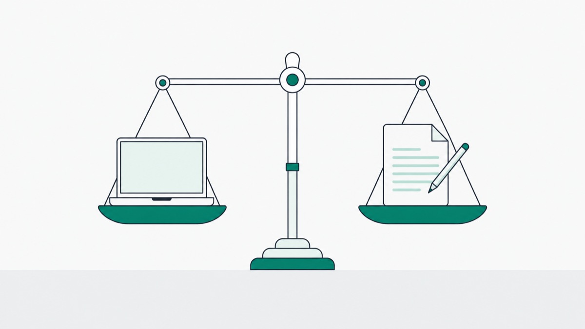 Illustration of a balance scale weighing a laptop against a paper exam and pencil