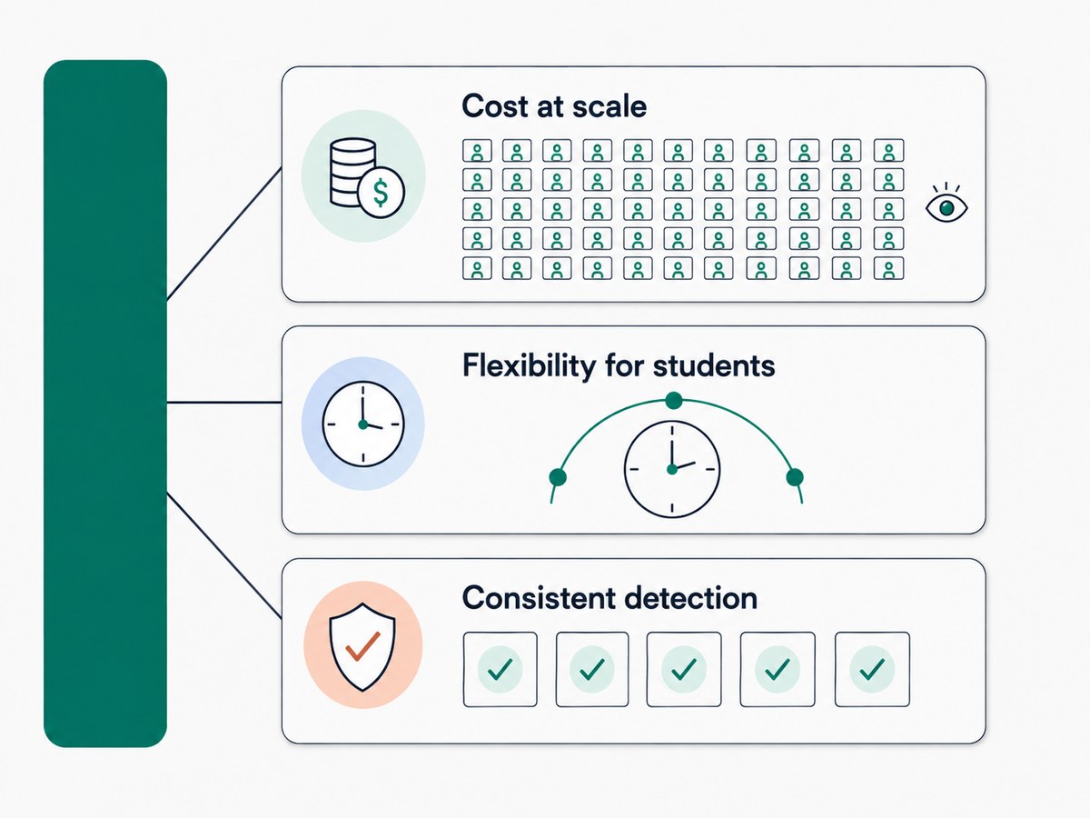 Three cards fanning from a block: a grid of many sessions watched by one eye for cost at scale, a clock with a wide window for flexibility, and five identical ticks for consistent detection