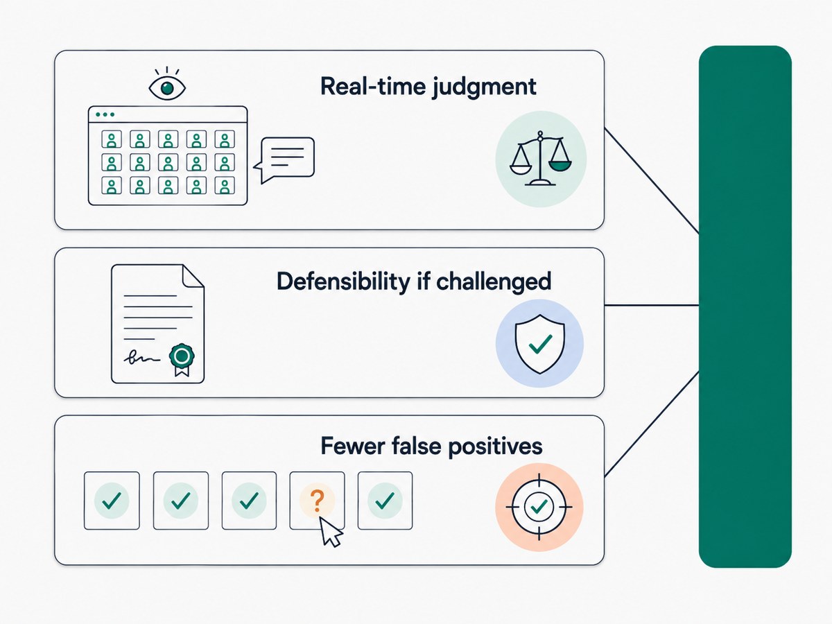 Three cards fanning from a block: one session with an eye and a speech bubble for real-time judgment, a sealed document for defensibility, and five frames where a cursor resolves the one uncertain flag