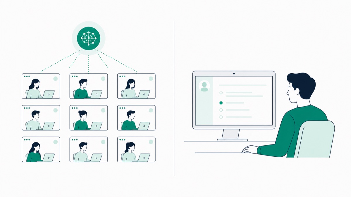 Illustration comparing an AI watching a grid of many candidates with a single human proctor watching one