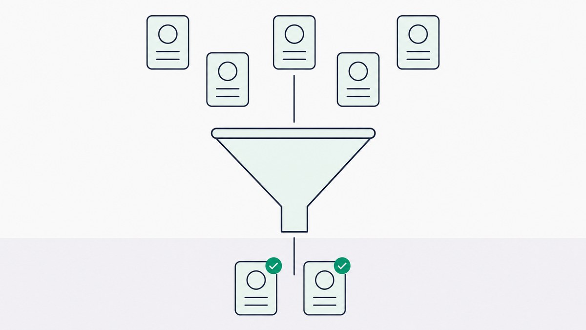 Six candidate profile cards passing through a funnel, leaving two shortlisted cards marked with green checkmarks