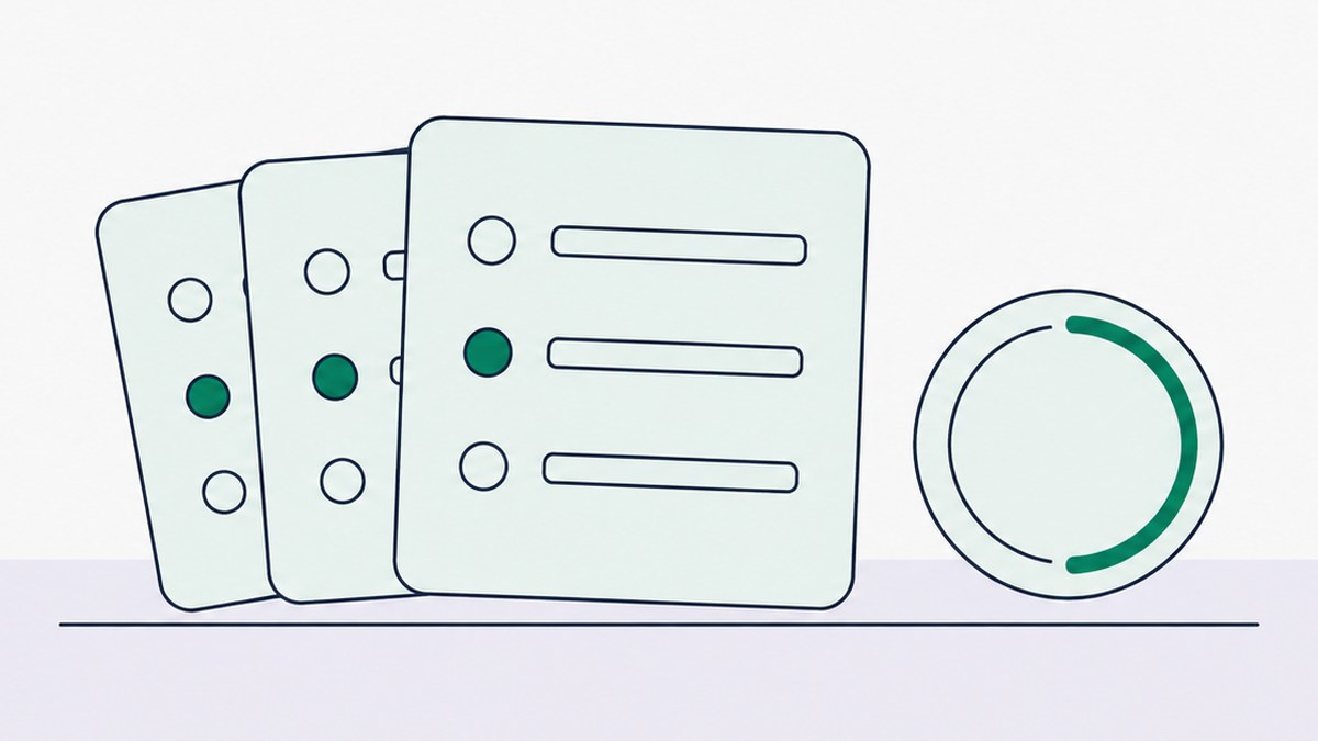 Three stacked multiple-choice question cards, each with one option selected, beside a part-filled circular timer