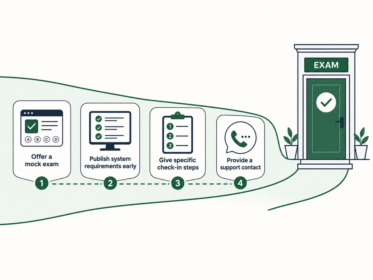 A path to an exam door with four stations: offer a mock exam, publish system requirements early, give specific check-in steps, and provide a support contact