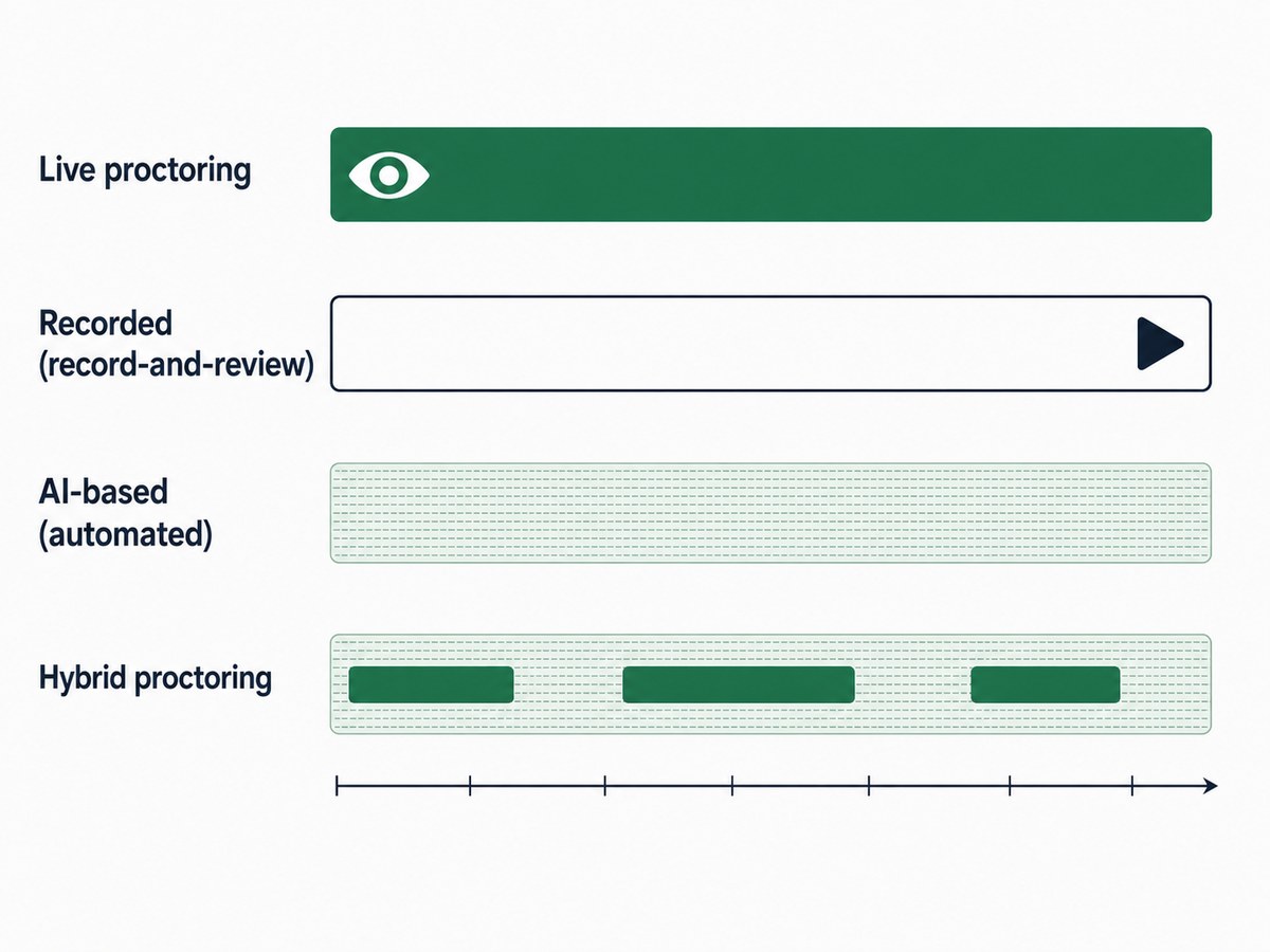 Four tracks across one exam: live proctoring watched throughout, recorded review afterwards, AI-based automated monitoring, and hybrid where a person steps in at intervals