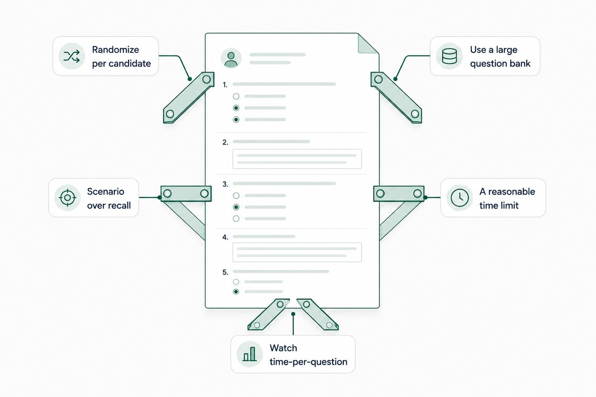 A test paper reinforced by five braces: randomize per candidate, a large question bank, scenario over recall, a reasonable time limit, and watching time-per-question