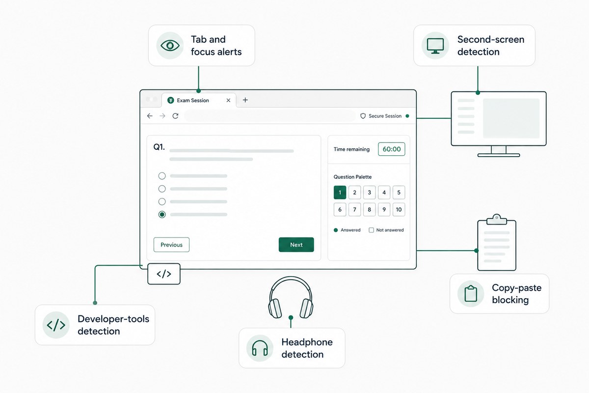 An exam session surrounded by five detectors: tab and focus alerts, second-screen detection, copy-paste blocking, developer-tools detection and headphone detection
