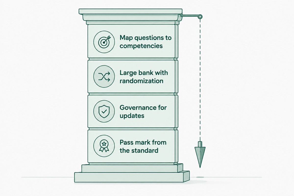 A column of four blocks checked against a plumb line: map questions to competencies, a large bank with randomization, governance for updates, and a pass mark set from the standard