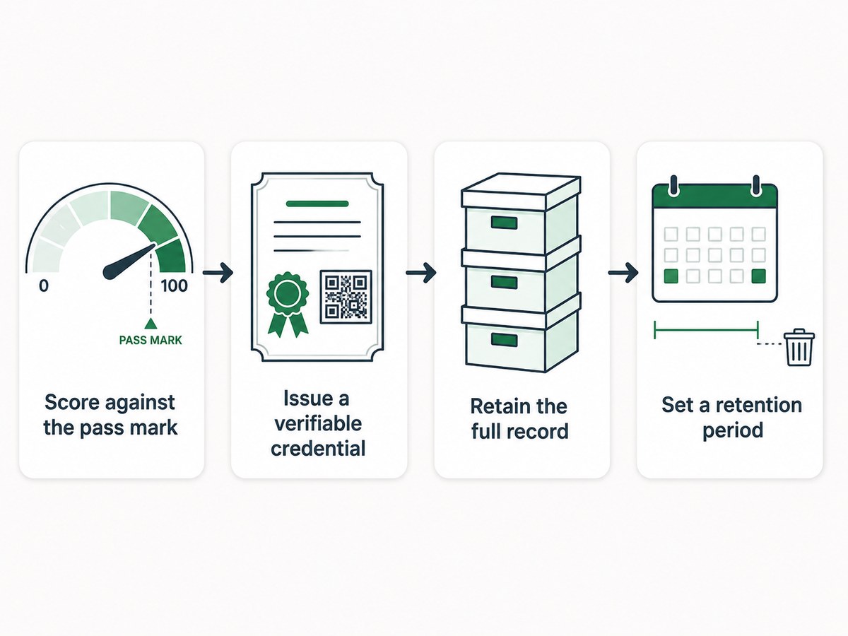 Four stages: score against the pass mark, issue a verifiable credential, retain the full record, and set a retention period