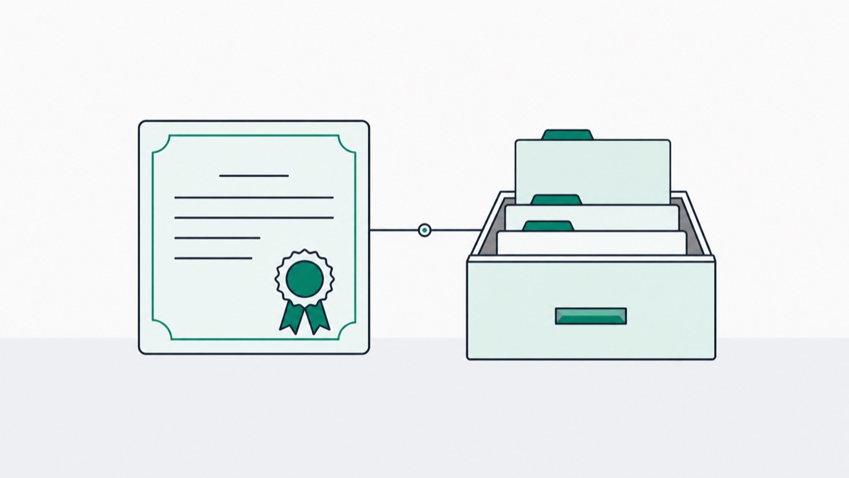 Illustration of a certificate with a rosette seal beside an archive drawer of retained records