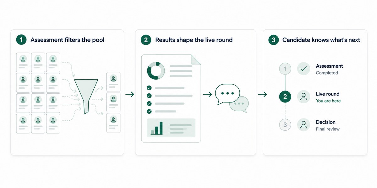 Three stages: the assessment filtering the pool, results shaping the live round, and the candidate seeing what comes next