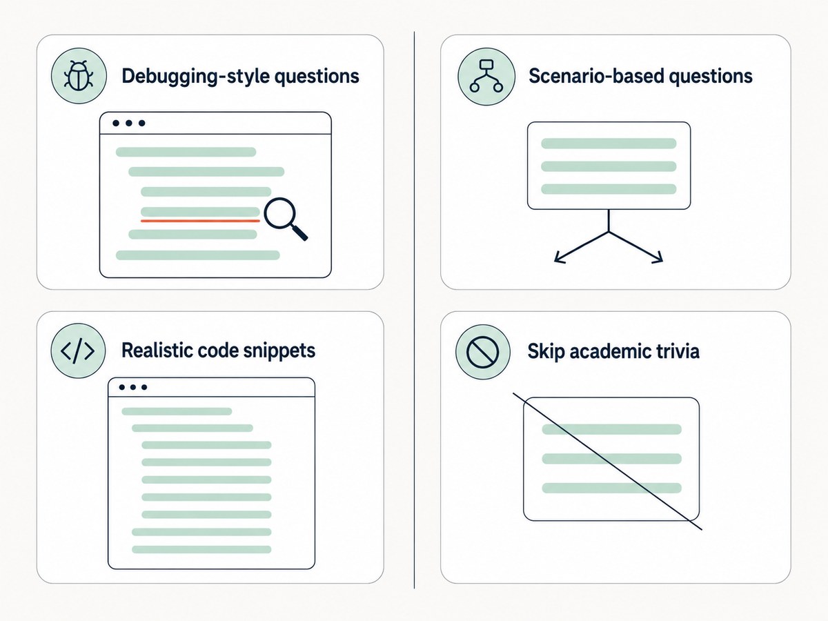 Four cards: debugging-style questions with one line marked, realistic code snippets, scenario-based questions with a branching arrow, and academic trivia struck through