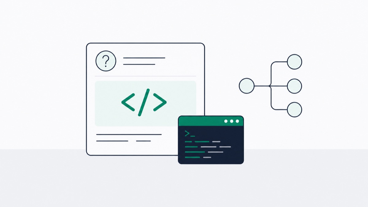 Illustration of a question card with a code bracket symbol, a terminal window and a branching diagram