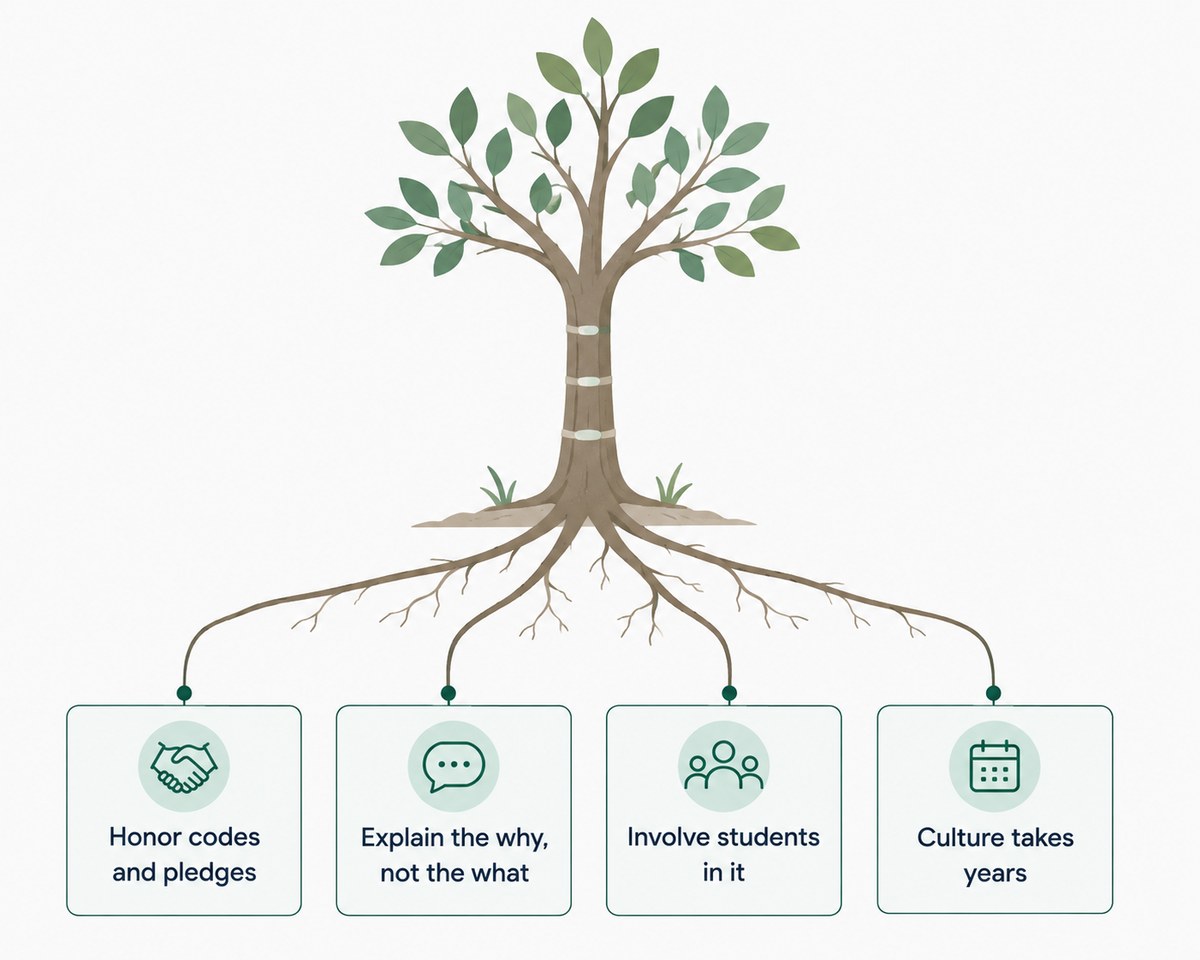 A tree whose four roots read honor codes and pledges, explain the why not the what, involve students in it, and culture takes years