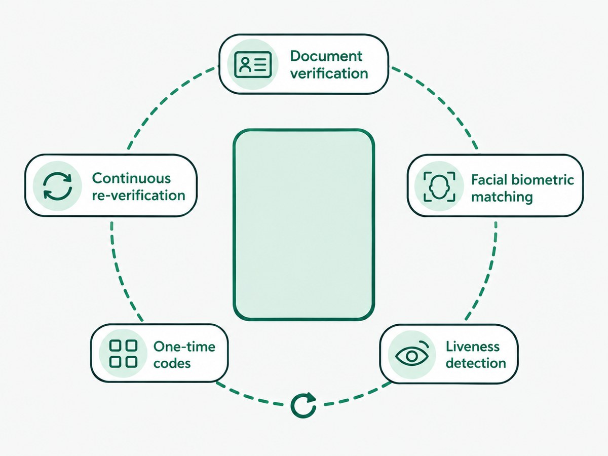 Five verification methods on a dashed ring around a candidate session: document verification, facial biometric matching, liveness detection, one-time codes and continuous re-verification, with a repeat arrow on the ring