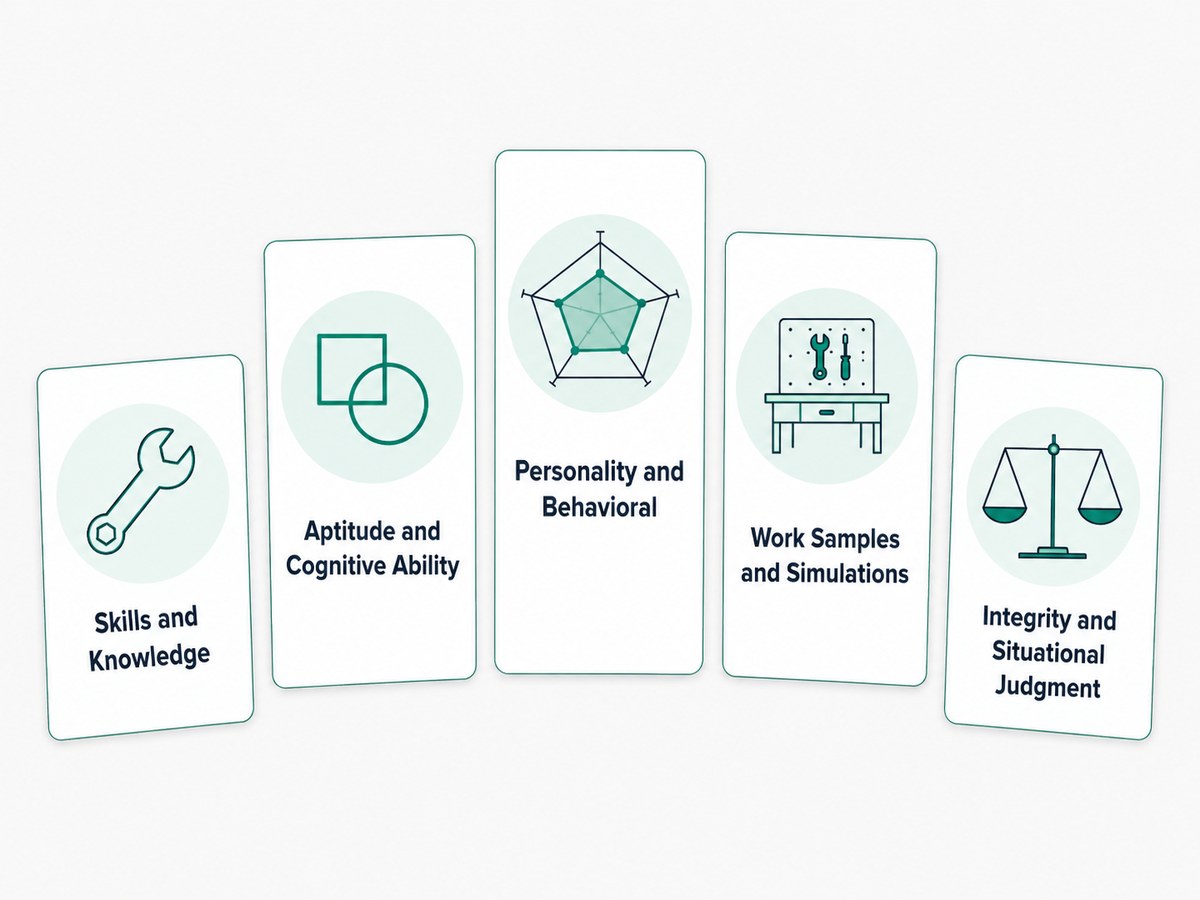 Five cards of differing heights: skills and knowledge, aptitude and cognitive ability, personality and behavioral, work samples and simulations, and integrity and situational judgment