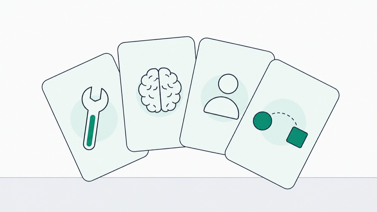 Illustration of four assessment type cards fanned out, showing skills, cognitive, behavioural and simulation icons