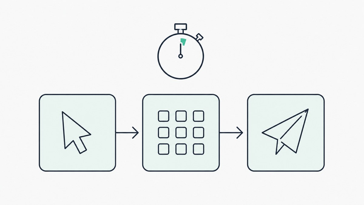 Three steps in a row, cursor to grid to send, with a stopwatch above showing barely any time elapsed