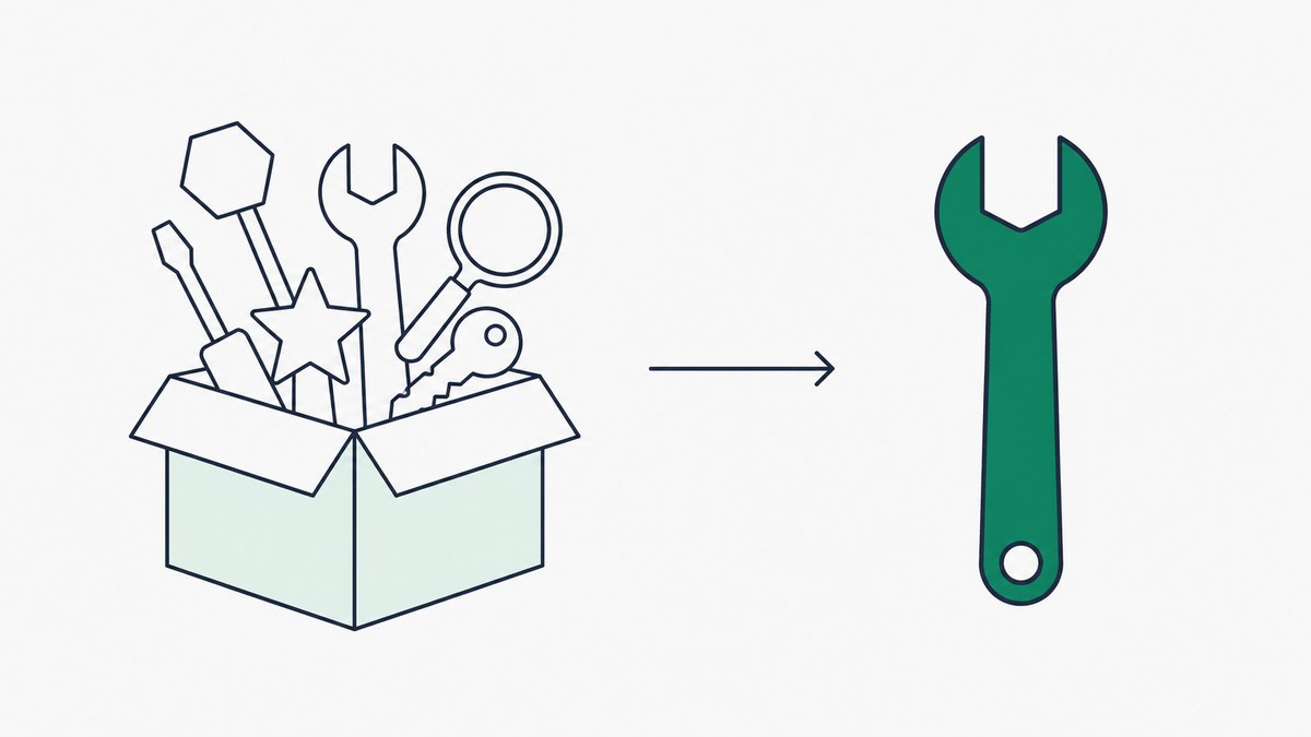 A toolbox overflowing with tools, an arrow pointing to a single green tool on its own