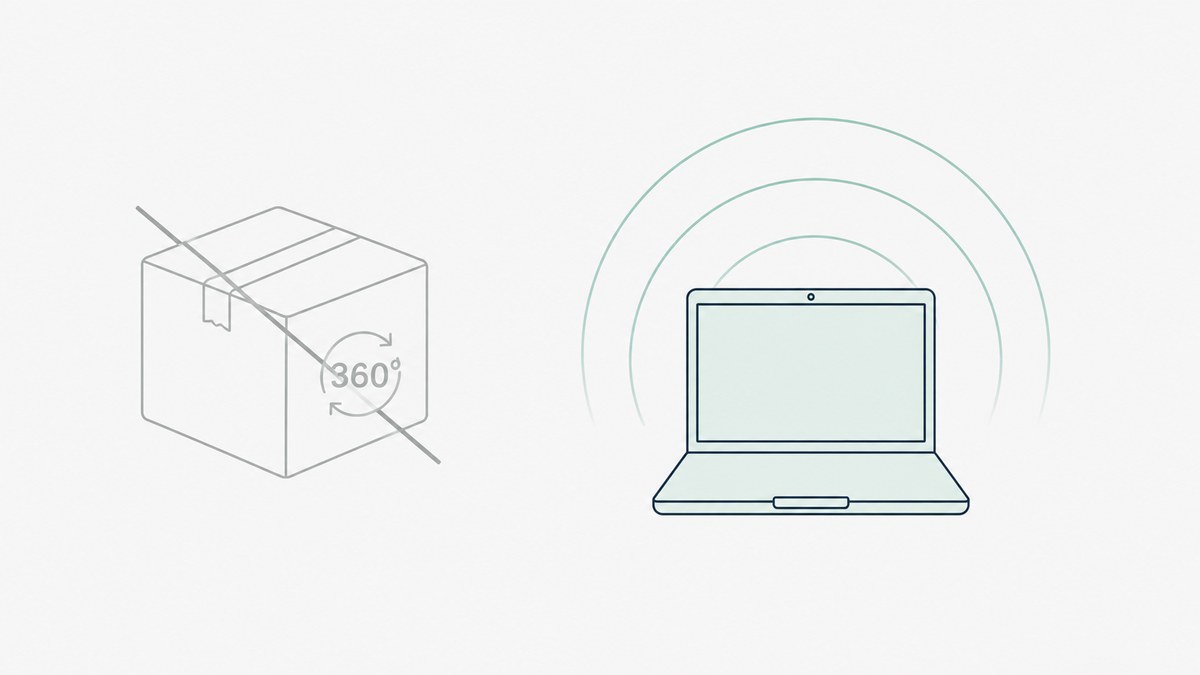 A shipping box struck through beside a laptop with signal arcs coming from its screen