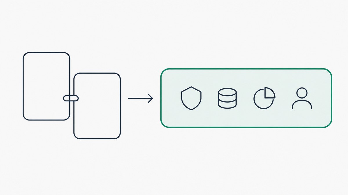 Two separate panels joined by a connector, an arrow pointing to one panel holding four icons
