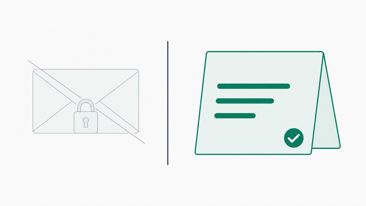 A sealed, padlocked envelope struck through, beside an open price card with a green tick